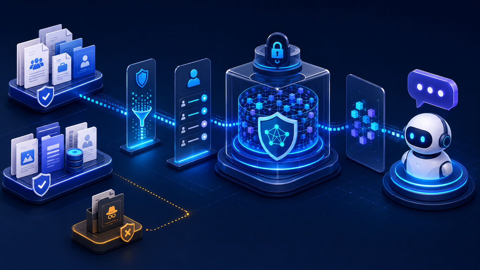 Approved documents pass through tenant isolation and permission filters, while suspicious content is quarantined.